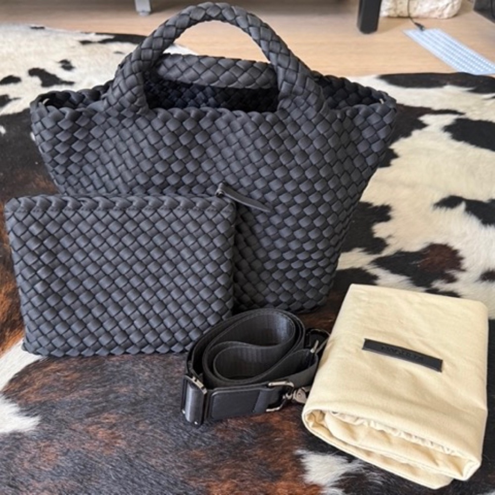 Naghedi St. Barths S Tote Black Woven Neoprene Crossbody Strap Pouch Dust Bag. - Picture 3 of 5